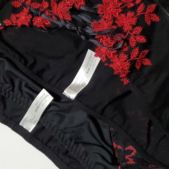Bra & (2) Panty Set Sizes 38C/1x Red & Blk Lace By Delicates - Picture 17 of 17